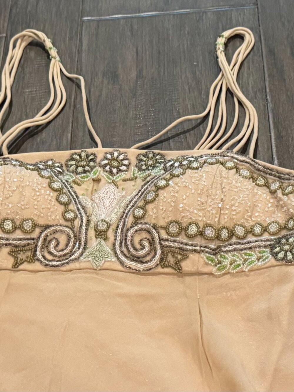 Sue Wong Silk Chiffon Y2K Camisole Beige Green Beaded Lace Top babydoll Deco #16 - Picture 4 of 16